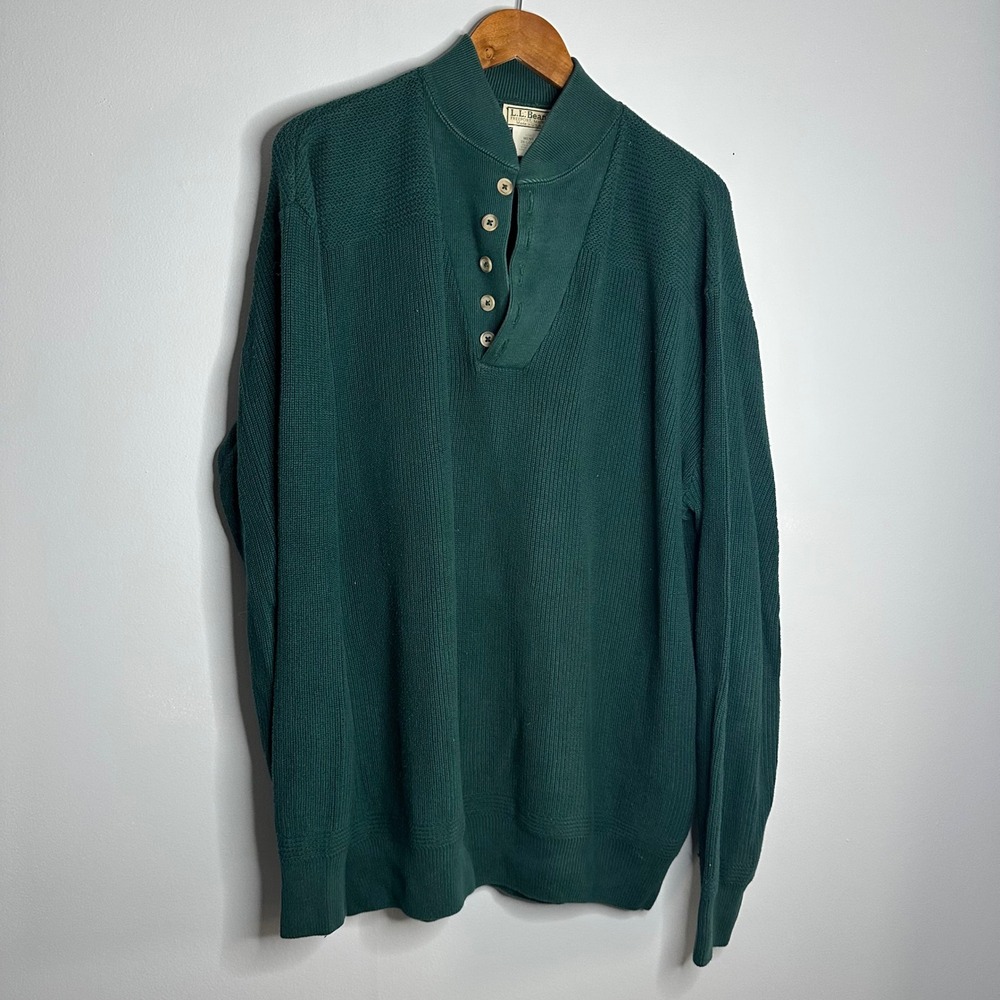 L.L. Bean Henley Sweater Mens 2X-Long Green EUC Ribbed Cotton Mock Neck Vintage